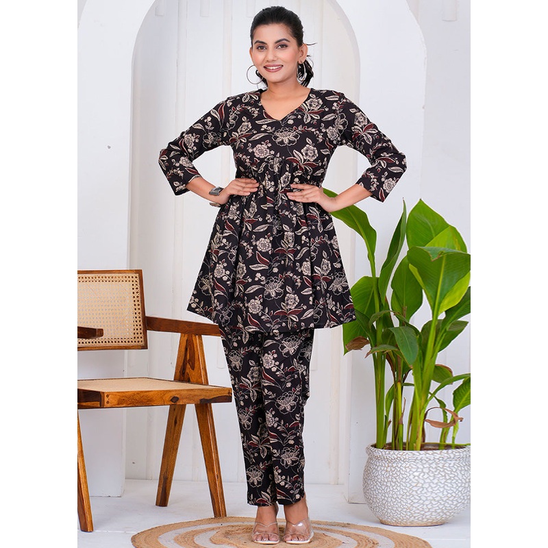 2 Pc Black Readymade Cotton Coord Top Set - JD986598508