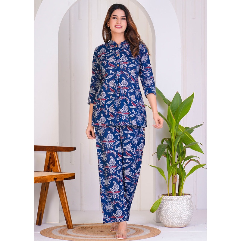 2 Pc Blue Readymade Cotton Coord Top Set - JD986598505