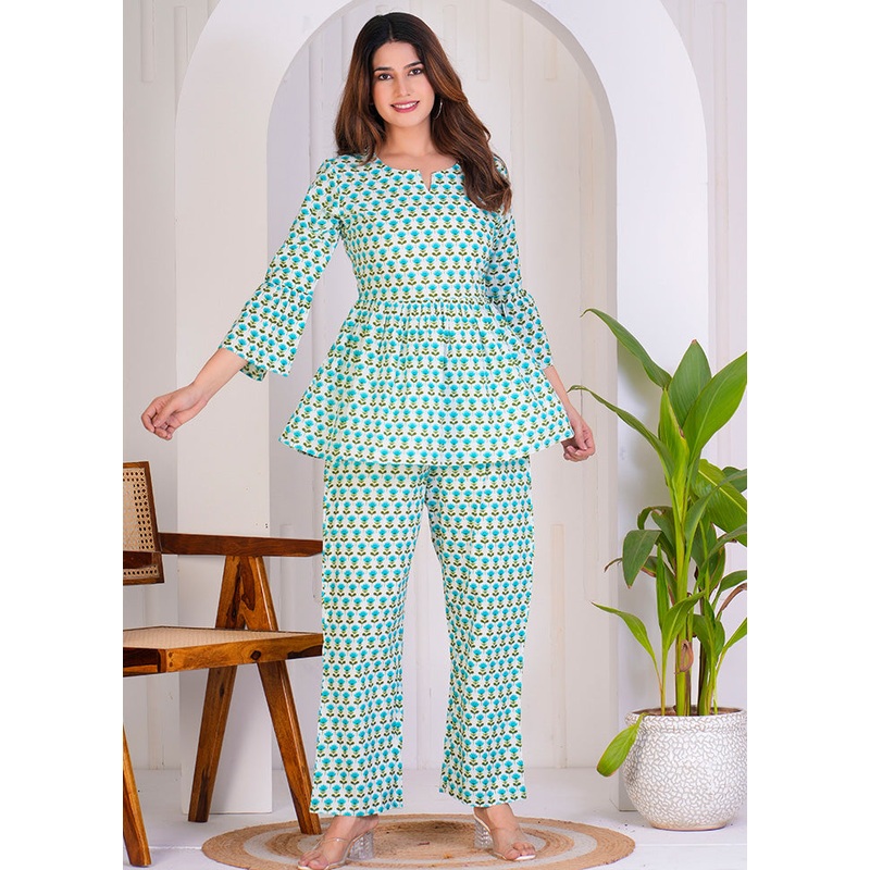 2 Pc Sea Green Readymade Cotton Coord Top Set - JD986598498
