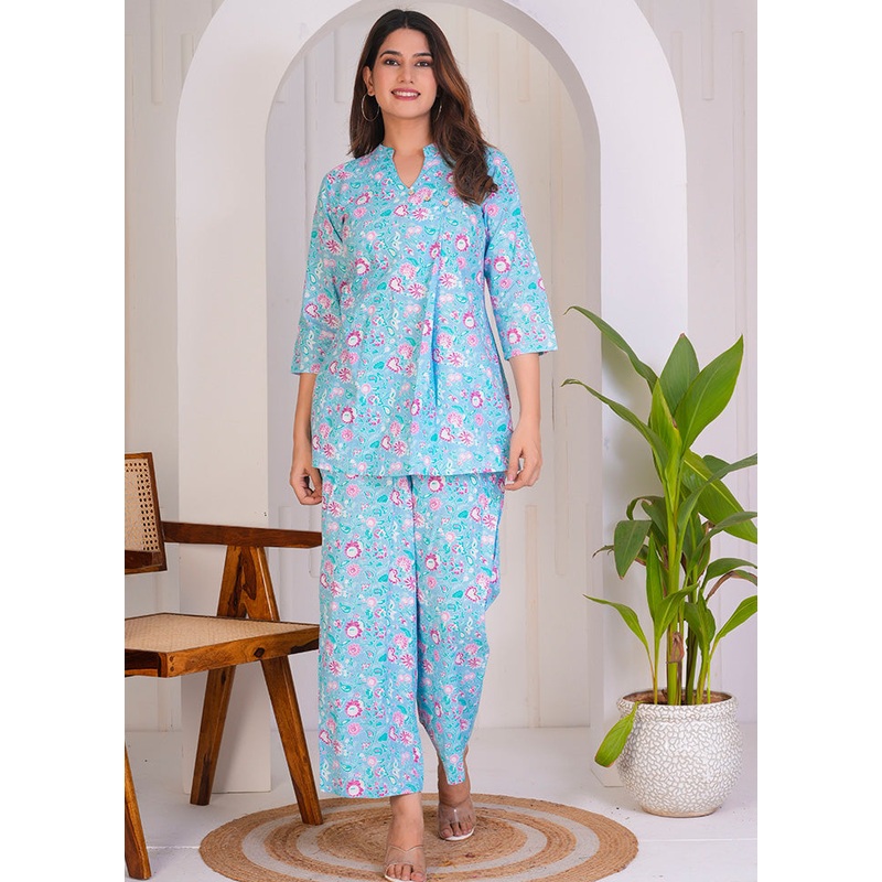 2 Pc Sky Blue Readymade Cotton Coord Top Set - JD986598497