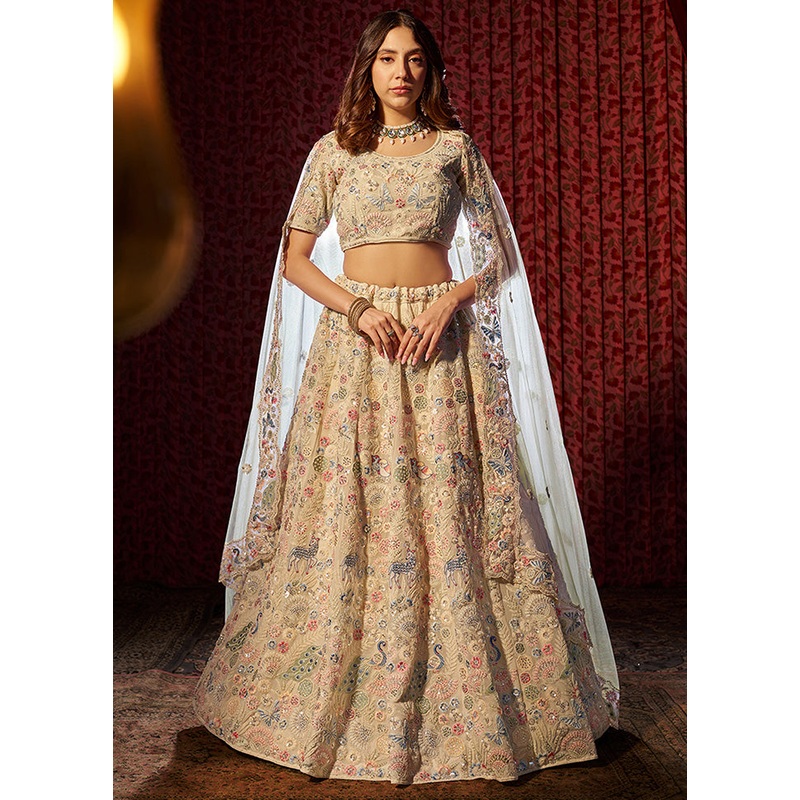 3 Pc Beige Georgette Semi Stitched Lehenga Set - JD986598386