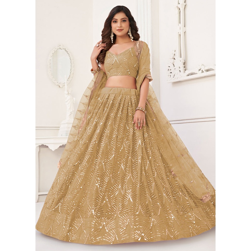 3 Pc Beige Net Semi Stitched Lehenga Set - JD986598385