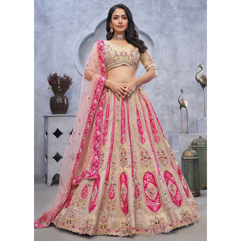 3 Pc Beige Silk Semi Stitched Lehenga Set - JD986598384