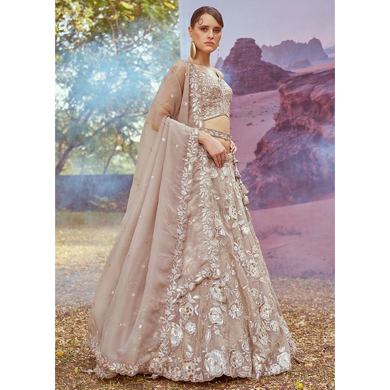 3 Pc Beige Silk Semi Stitched Lehenga Set - JD986598480