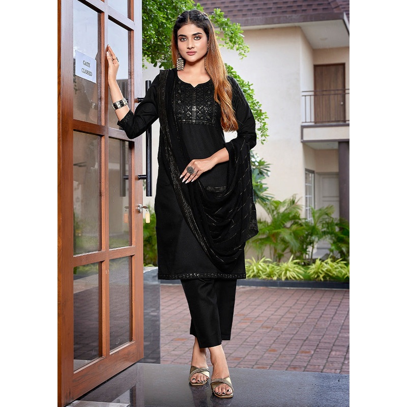3 Pc Black Readymade Cotton Suit Set - JD986598411