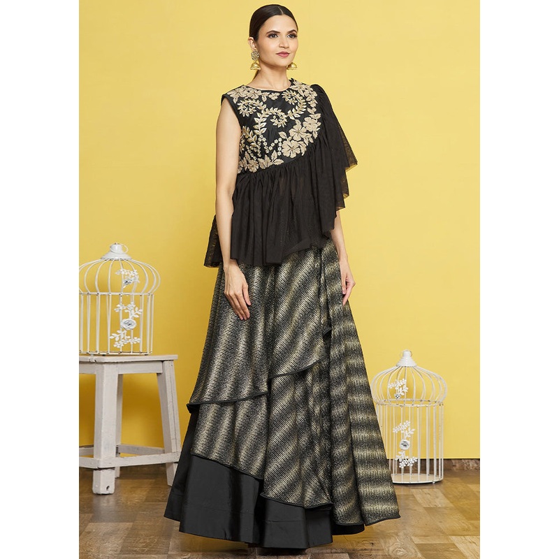3 Pc Black Silk Semi Stitched Lehenga Set - JD986598478