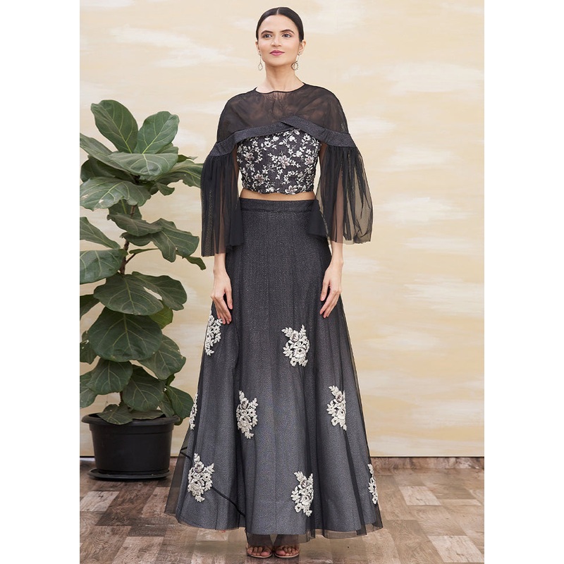 3 Pc Black Silk Semi Stitched Lehenga Set - JD986598479