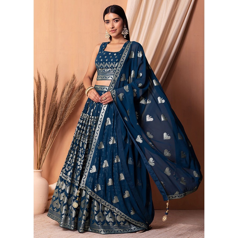 3 Pc Blue Georgette Semi Stitched Lehenga Set - JD986598383