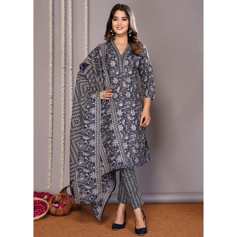3 Pc Blue Readymade Cotton Suit Set - JD986598410