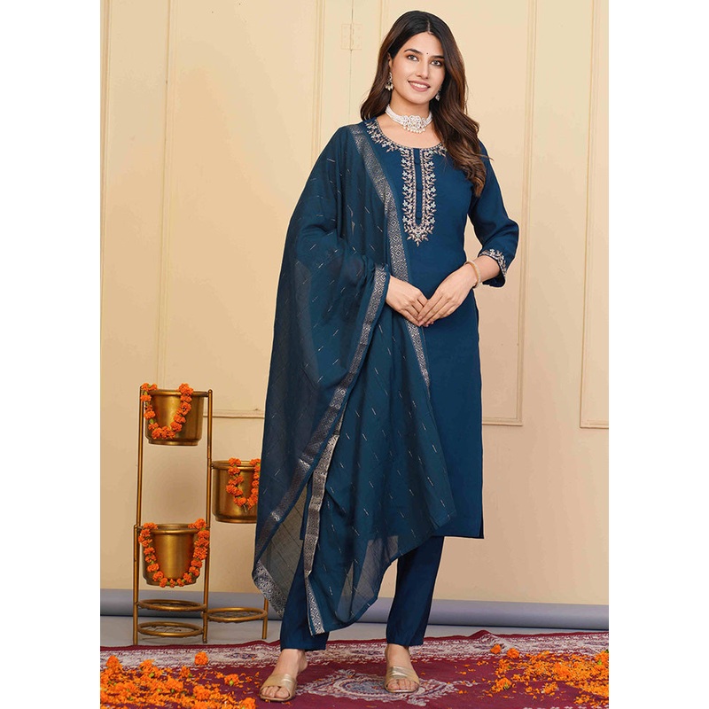3 Pc Blue Readymade Viscose Suit Set - JD986598495