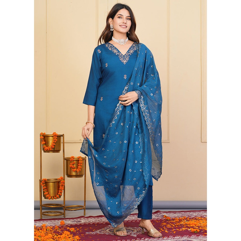3 Pc Blue Readymade Viscose Suit Set - JD986598496