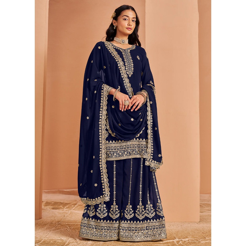 3 Pc Blue Semi Stitched Georgette Suit Set - JD986598415