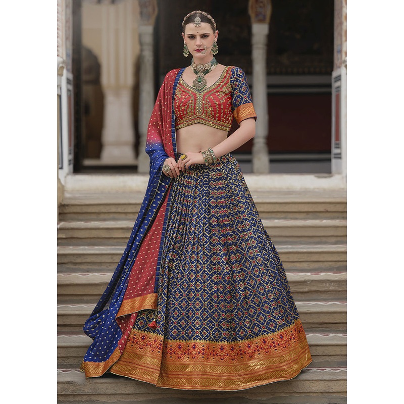 3 Pc Blue Silk Semi Stitched Lehenga Set - JD986598382