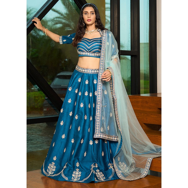 3 Pc Blue Silk Semi Stitched Lehenga Set - JD986598477