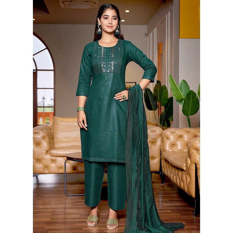 3 Pc Bottle Green Readymade Cotton Suit Set - JD986598409