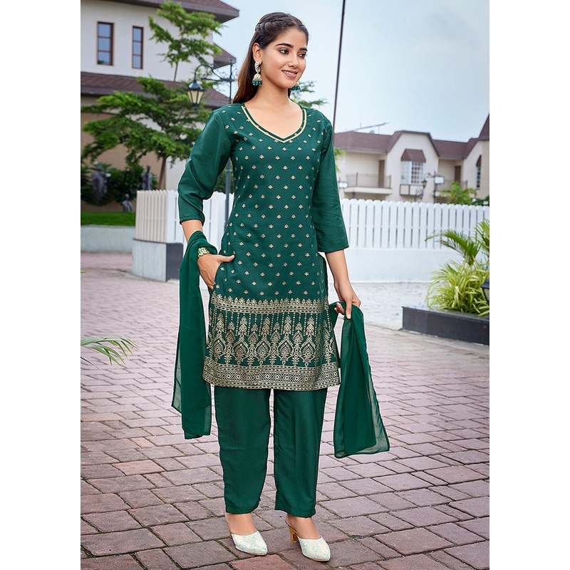 3 Pc Bottle Green Readymade Silk Suit Set - JD986598408