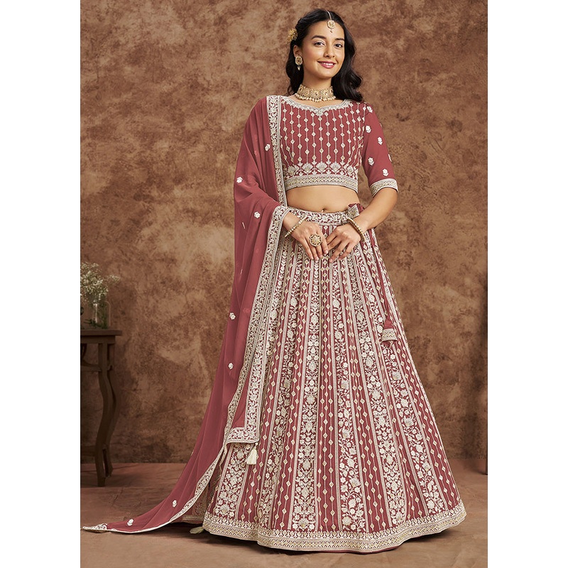 3 Pc Brown Georgette Semi Stitched Lehenga Set - JD986598381