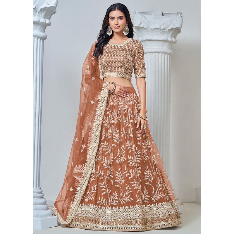 3 Pc Brown Net Semi Stitched Lehenga Set - JD986598379