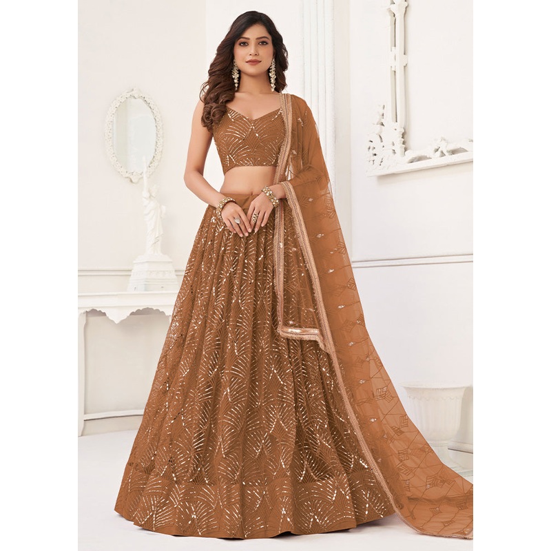 3 Pc Brown Net Semi Stitched Lehenga Set - JD986598380