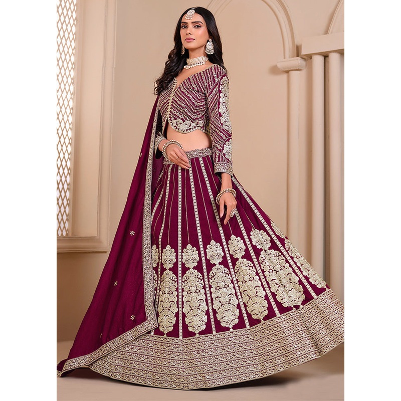 3 Pc Burgundy Silk Semi Stitched Lehenga Set - JD986598476
