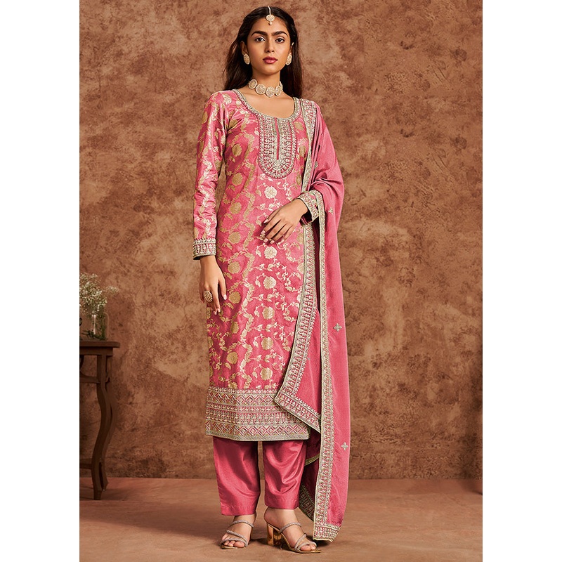 3 Pc Coral Semi Stitched Silk Suit Set - JD986598512