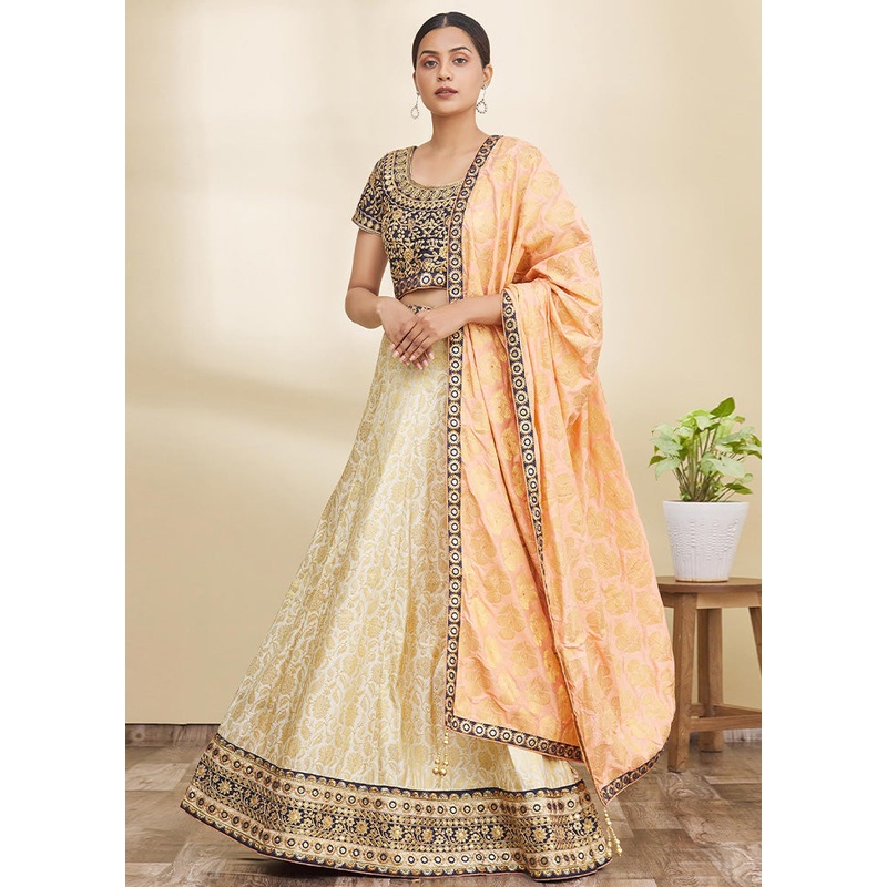 3 Pc Cream Silk Semi Stitched Lehenga Set - JD986598475