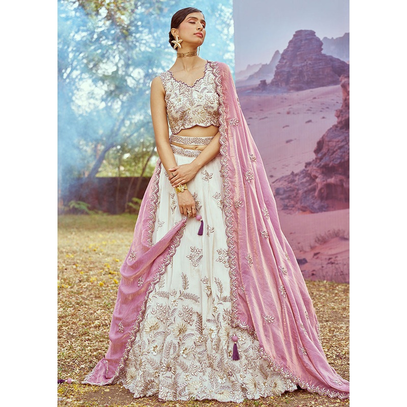 3 Pc Cream Viscose Semi Stitched Lehenga Set - JD986598474