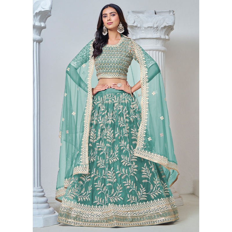 3 Pc Green Net Semi Stitched Lehenga Set - JD986598377