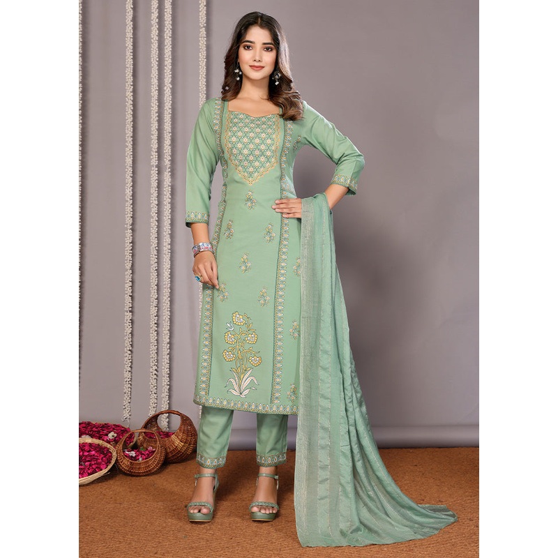 3 Pc Green Readymade Cotton Suit Set - JD986598407