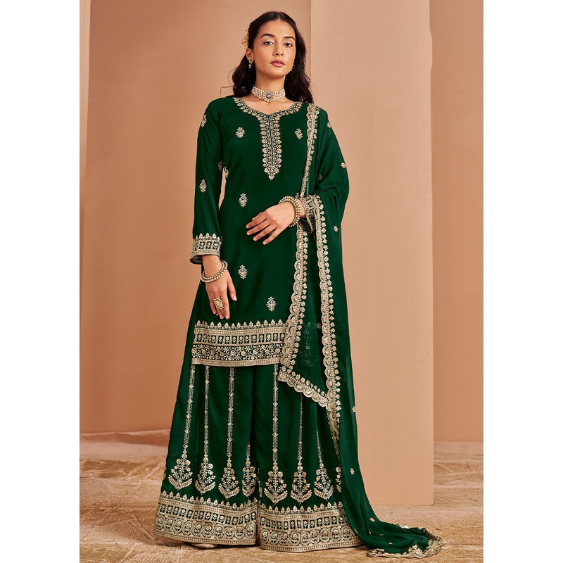 3 Pc Green Semi Stitched Georgette Suit Set - JD986598414