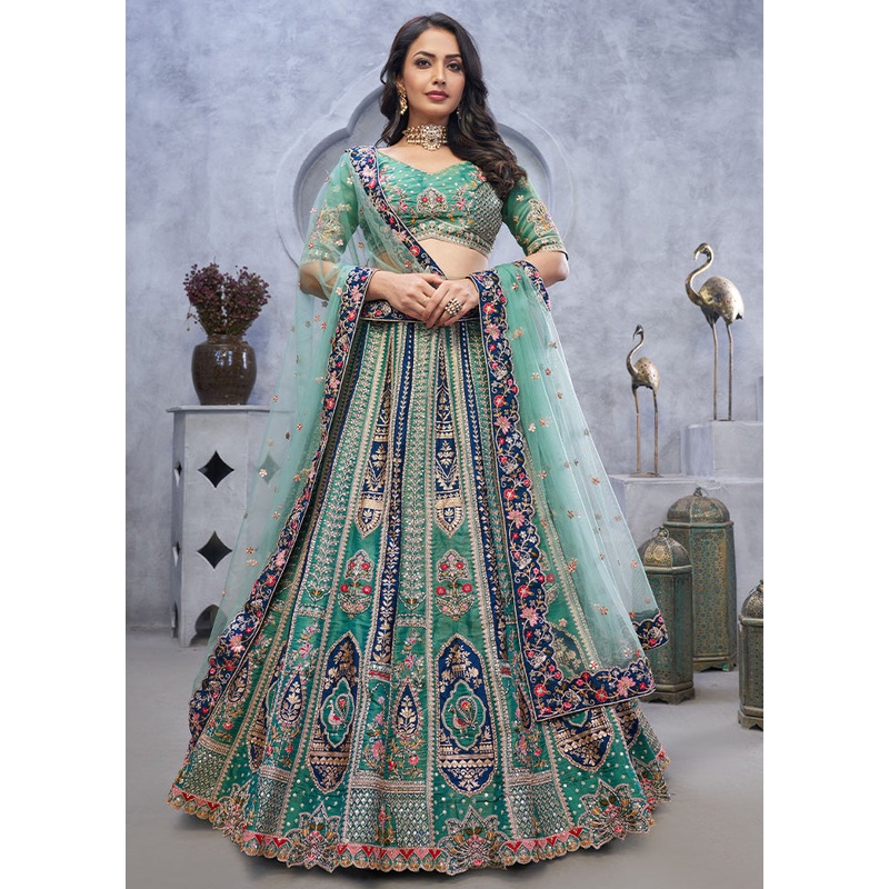 3 Pc Green Silk Semi Stitched Lehenga Set - JD986598376