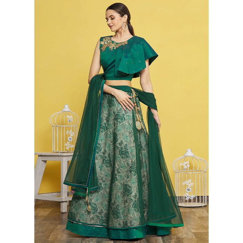 3 Pc Green Silk Semi Stitched Lehenga Set - JD986598470