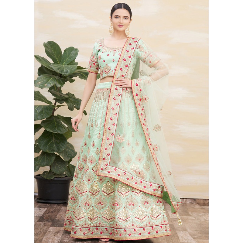 3 Pc Green Silk Semi Stitched Lehenga Set - JD986598471