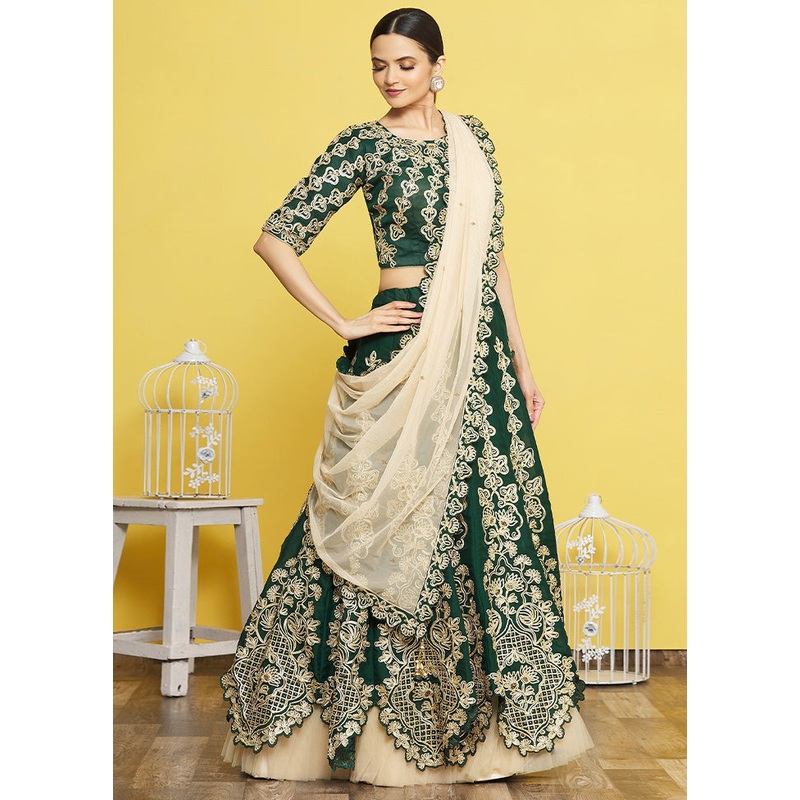 3 Pc Green Silk Semi Stitched Lehenga Set - JD986598472
