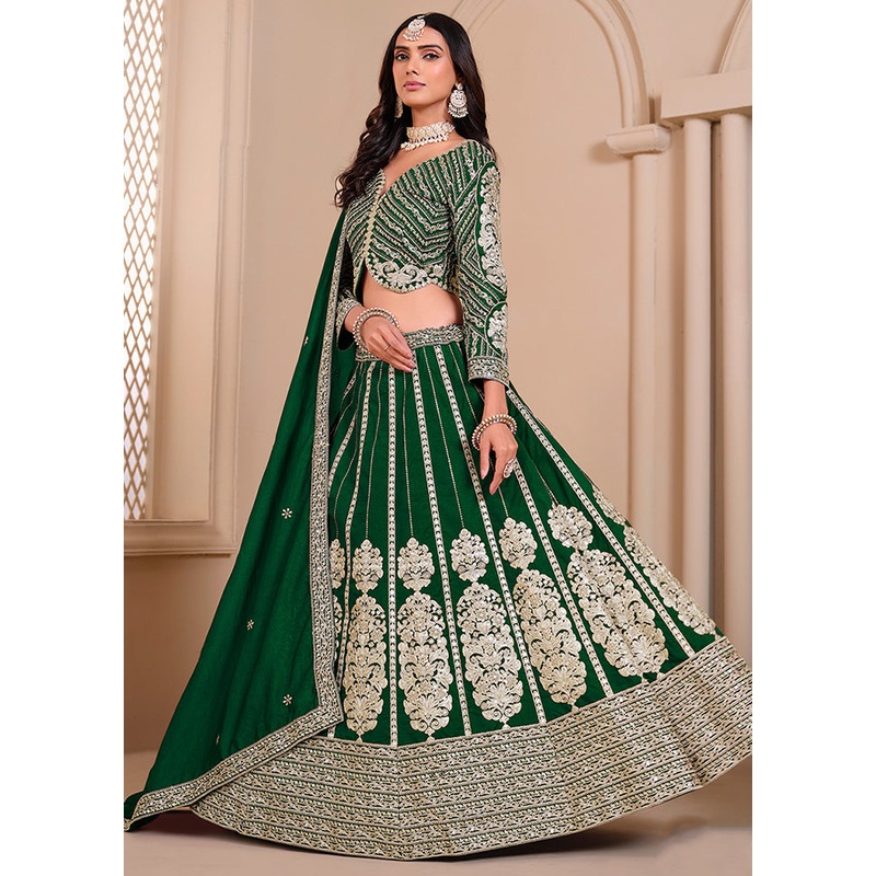 3 Pc Green Silk Semi Stitched Lehenga Set - JD986598473