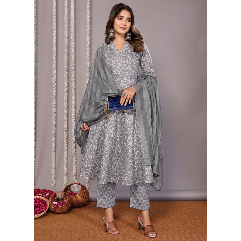 3 Pc Grey Readymade Cotton Suit Set - JD986598406