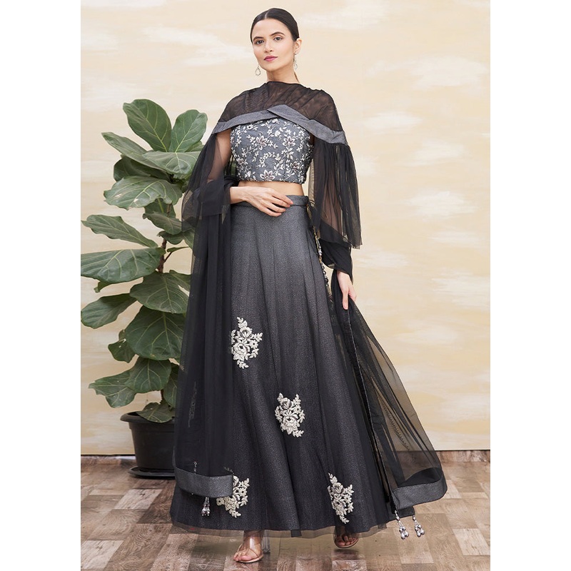 3 Pc Grey Silk Semi Stitched Lehenga Set - JD986598374