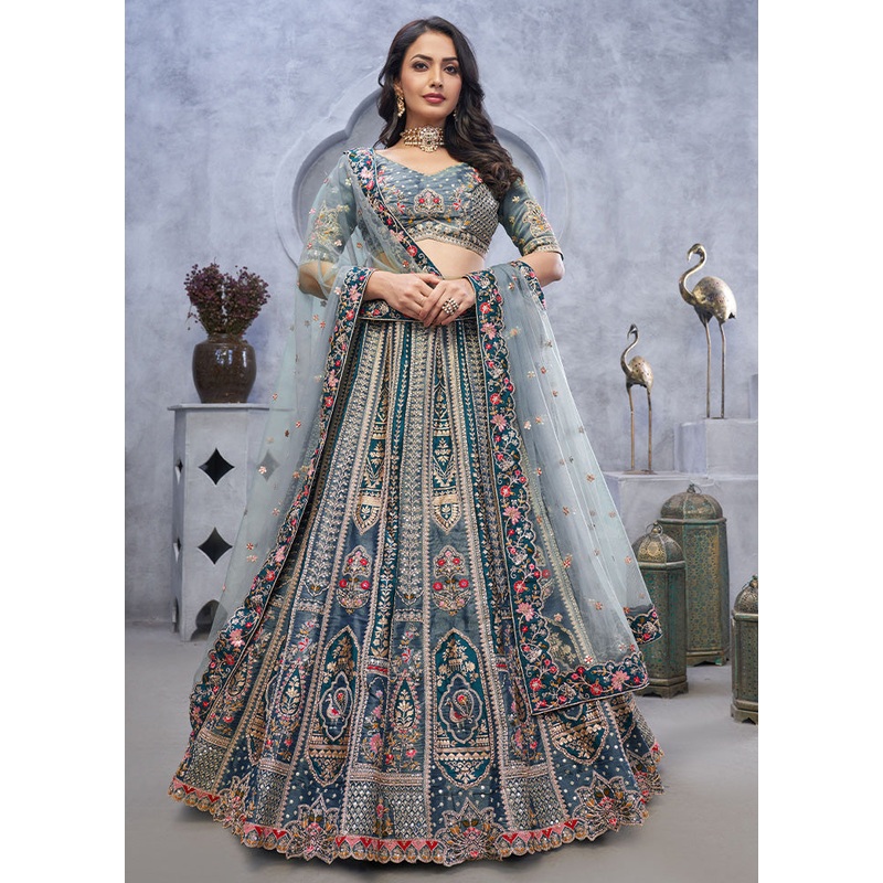 3 Pc Grey Silk Semi Stitched Lehenga Set - JD986598375