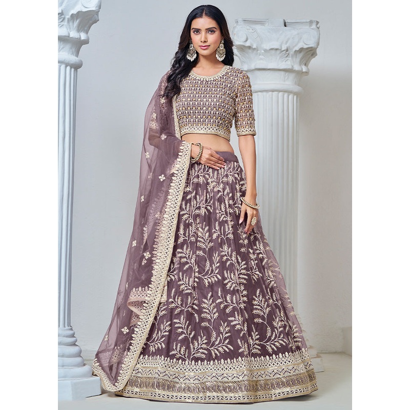 3 Pc Lavender Net Semi Stitched Lehenga Set - JD986598373