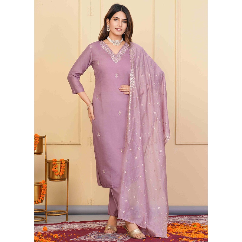 3 Pc Lavender Readymade Viscose Suit Set - JD986598494