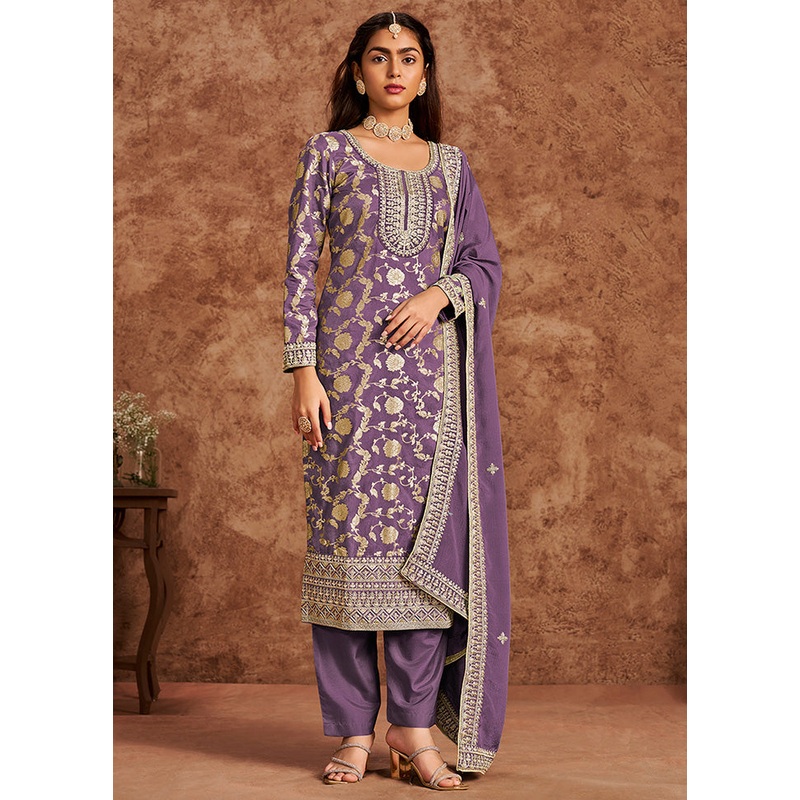3 Pc Lavender Semi Stitched Silk Suit Set - JD986598511