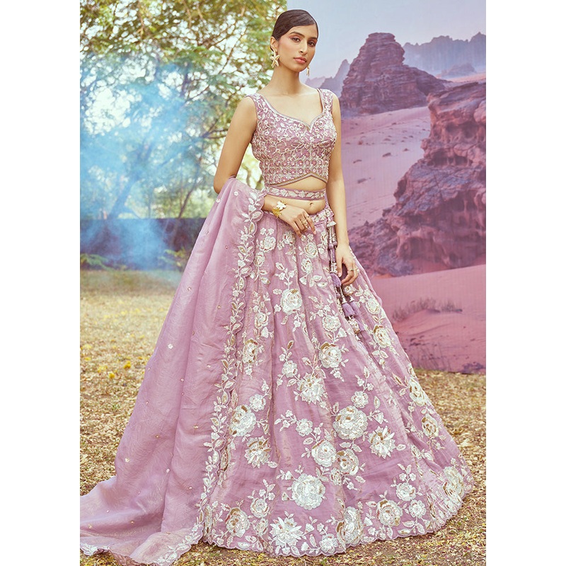 3 Pc Lavender Silk Semi Stitched Lehenga Set - JD986598467