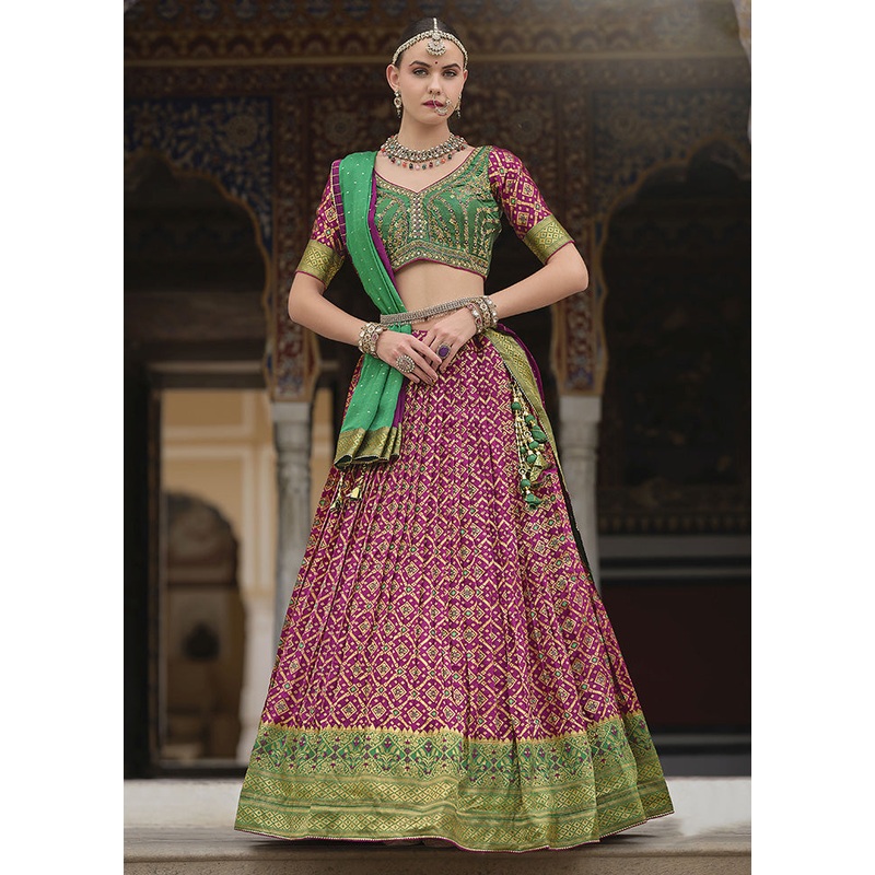 3 Pc Magenta Silk Semi Stitched Lehenga Set - JD986598371