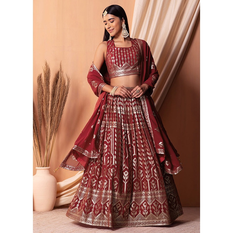 3 Pc Maroon Georgette Semi Stitched Lehenga Set - JD986598370
