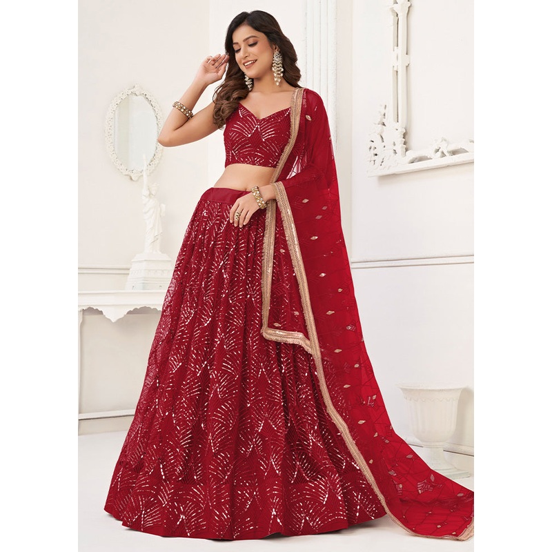 3 Pc Maroon Net Semi Stitched Lehenga Set - JD986598369