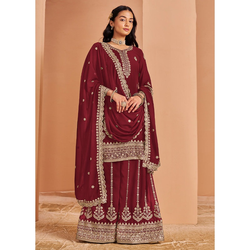 3 Pc Maroon Semi Stitched Georgette Suit Set - JD986598413