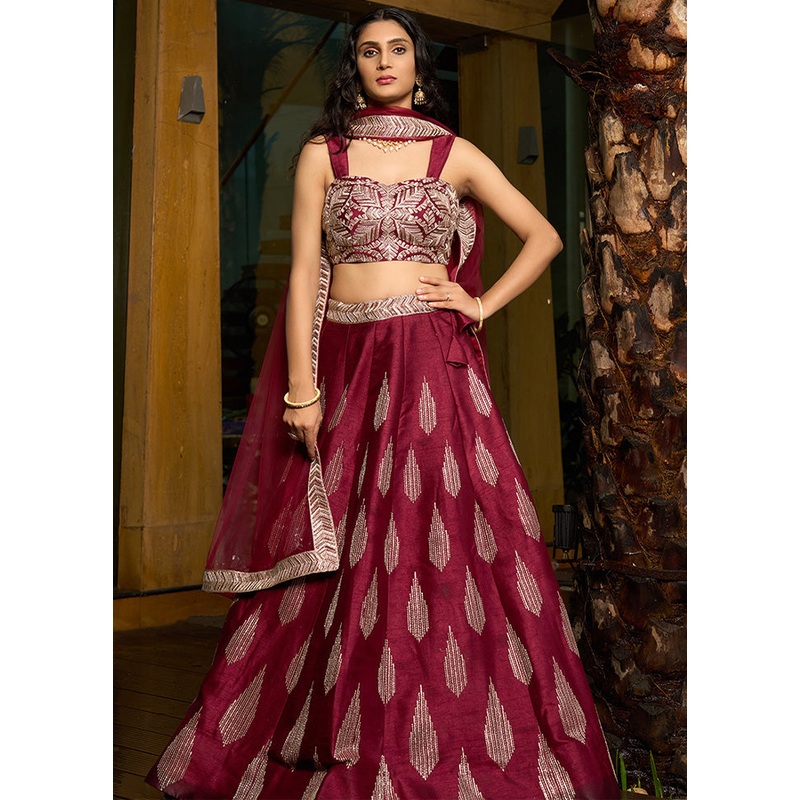 3 Pc Maroon Silk Semi Stitched Lehenga Set - JD986598465