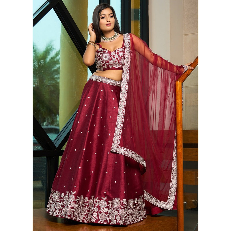 3 Pc Maroon Silk Semi Stitched Lehenga Set - JD986598466