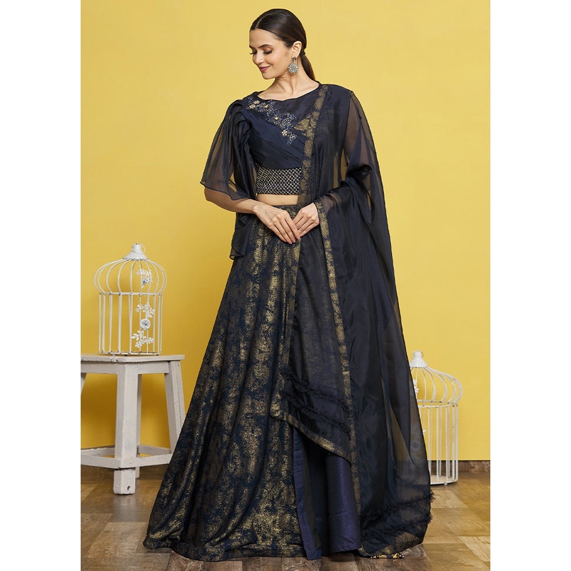3 Pc Navy Blue Silk Semi Stitched Lehenga Set - JD986598464