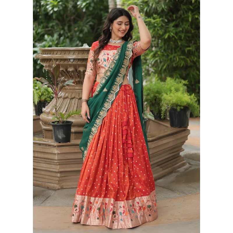 3 Pc Orange Silk Semi Stitched Lehenga Set - JD986598463